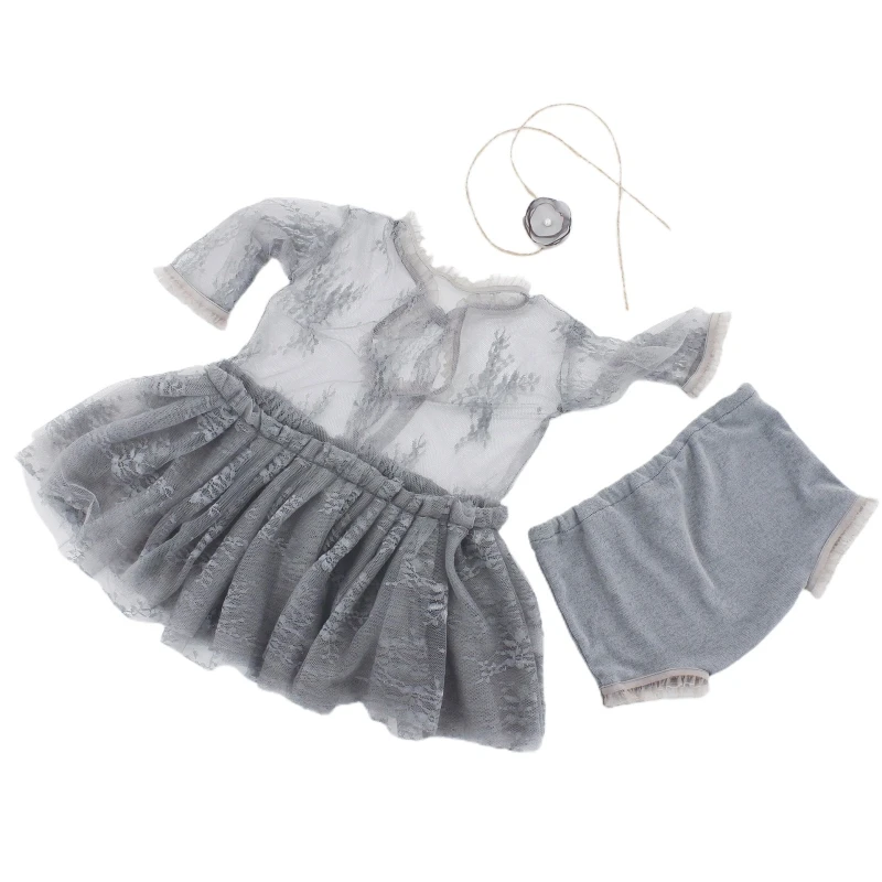 

3Pcs Newborn Photography Props Baby Girl Lace Dress Infant Toddler Photo Props Headdress Outfits