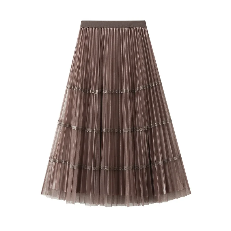 

Two-Sided Wear A- line Pleated Mesh Summer Long Skirt Women 2023 Spring New High Waist Slimming Princess style Skirts Women