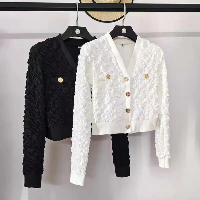 

White Women Cardigans Sweater Knitted Crop Tops Korean Chic Fashion Aurumn Winter Metal Button Pocket Long Sleeve Sweater Jacket