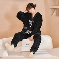 cute and sweet all match fashion trend cardigan pure color pajamas autumn and winter new coral velvet plus velvet pajamas
