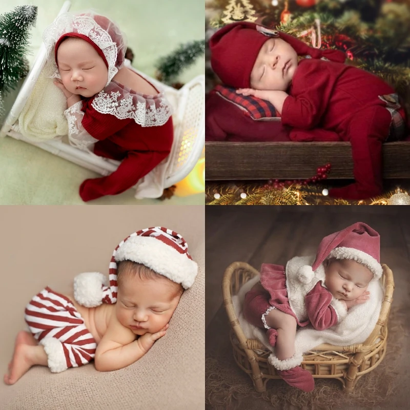 Dvotinst Newborn Baby Photography Props Christmas Red Santa Clause Hat Romper 2pcs Lace Outfits Set Studio Shooting Photo Props