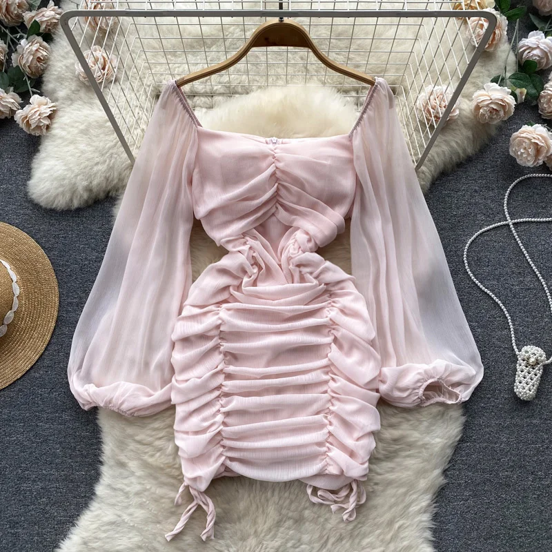 

Платье Foamlina женское с вырезом лодочкой, однотонное облегающее мини-платье во французском стиле, с открытыми плечами и пышными рукавами, со ш...