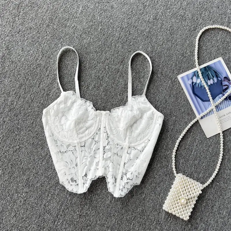 

Women Splicing Lace Chic Camis Irregularity Design White Corset Summer Sheer Backless Sexy Tank Tops Hot Sweet Fashion Crop Top