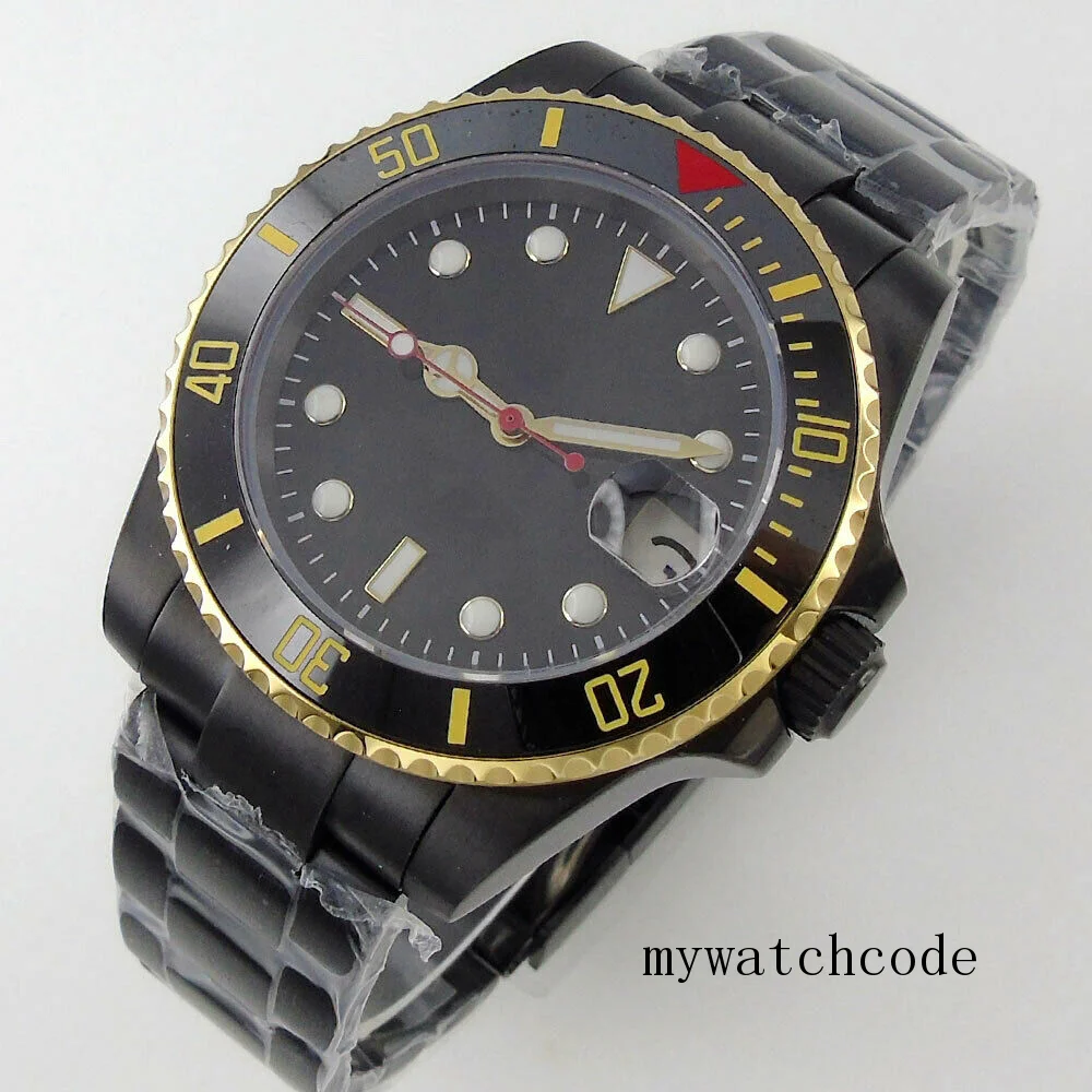 

24 Jewels Japan NH35A PT5000 40mm Black PVD Automatic Men's Watch Gold Rotating Bezel Auto Date Black Dial Sapphire Crystal