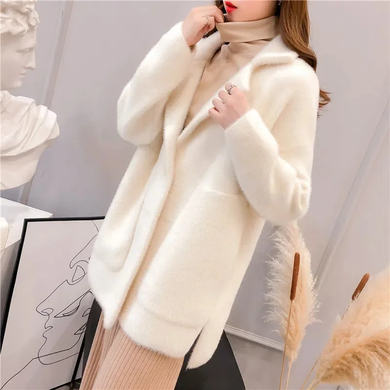 

Autumn Winter New Korean Imitation Mink Velvet Cardigan Coat Women's Loose Knit Woolen Overcoat Female Soft Wool Coat Outcoat