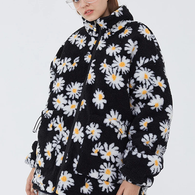New Hip Hop Style Daisy Print Fleece Warm Full Zip Coats Fashion Harajuku Outwear Cotton Padded Thick Parkas Jackets Streetwear