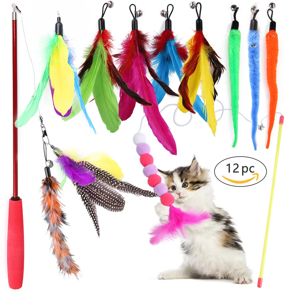 

12Pcs/Bags Funny Cat Stick Set Feather Bell Replacement Fishing Head Fishing Rod Cat Toys Interactive Cat Toys for Cats