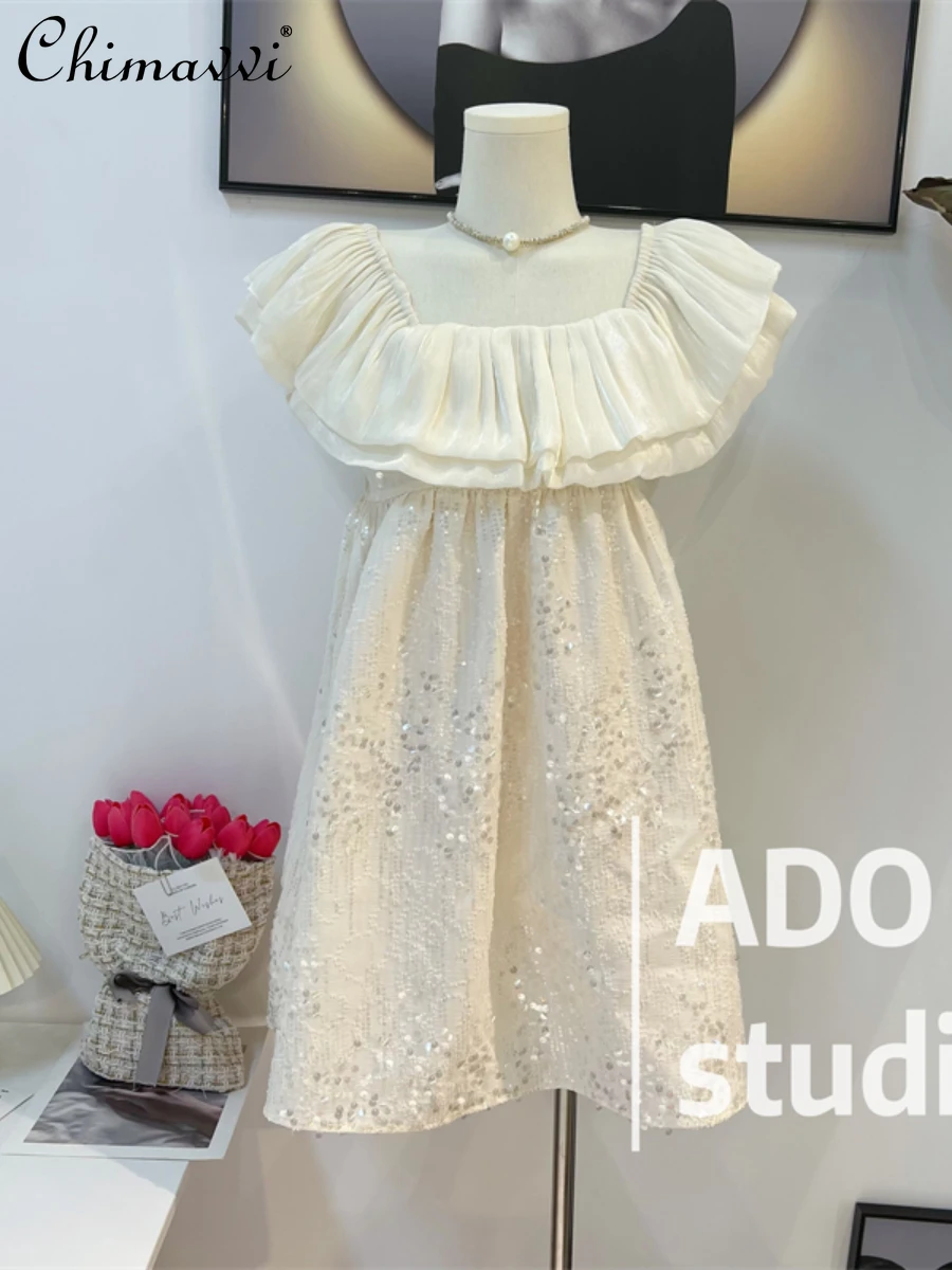 

Новинка 2023, летнее платье во французском стиле с блестками, женское модное милое стройнящее изящное платье принцессы, короткое свободное короткое платье