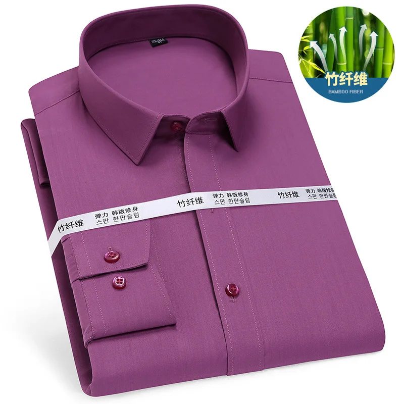 Casual Long Sleeve Shirt for Men Soft Cozy Bamboo Fiber Anti-Wrinkle No-Ironing Solid Color Business Male Social Formal Shirts