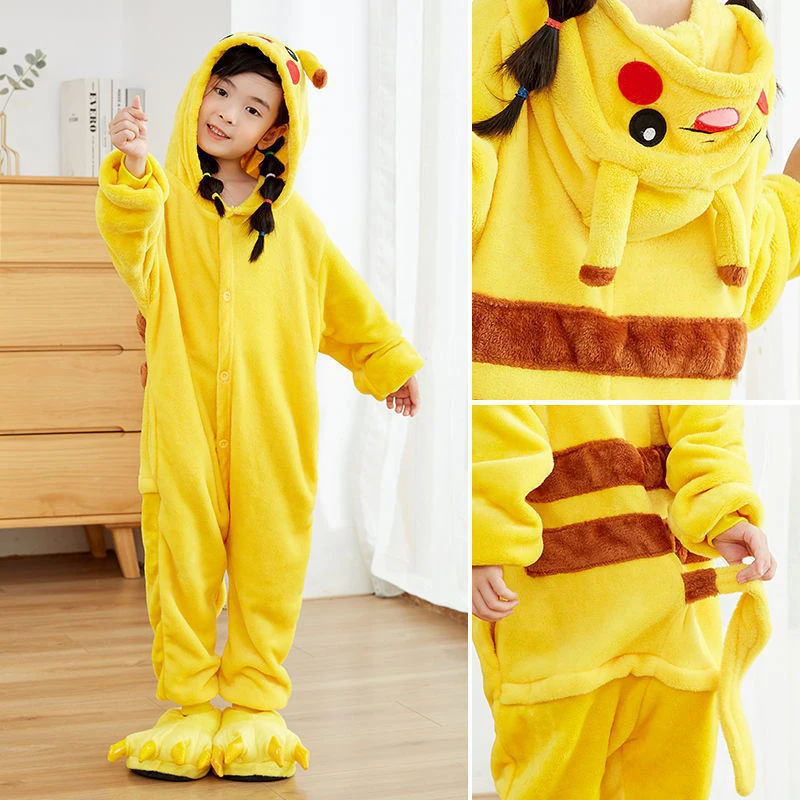 

Pokemon Pikachu Plush Flannel Pajamas One-Piece Suit Anime Figure Long-Sleeved Winter Soft Warm Home Clothes Casual Kids Gift