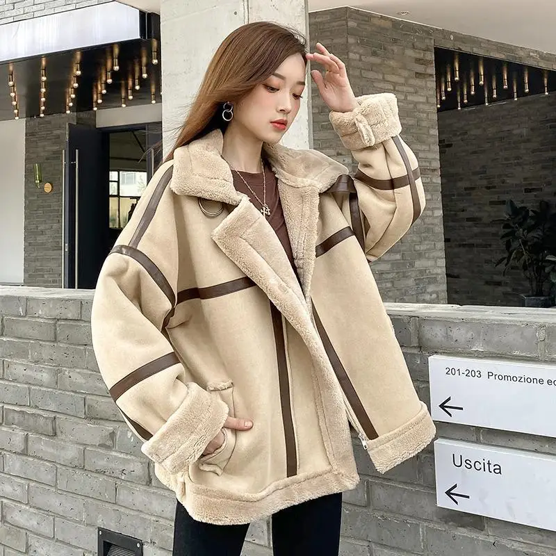 

QWEEK Vintage Jackets European and American Style Women's Loose Lamb Wool Stitching Retro All-match Warm Motorcycle Jackets New