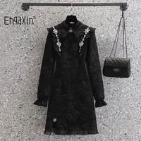 ehqaxin new 2022 spring ladies cheongsam dresses retro black standing tie diamond print embossed ruffle dress for female m 4xl