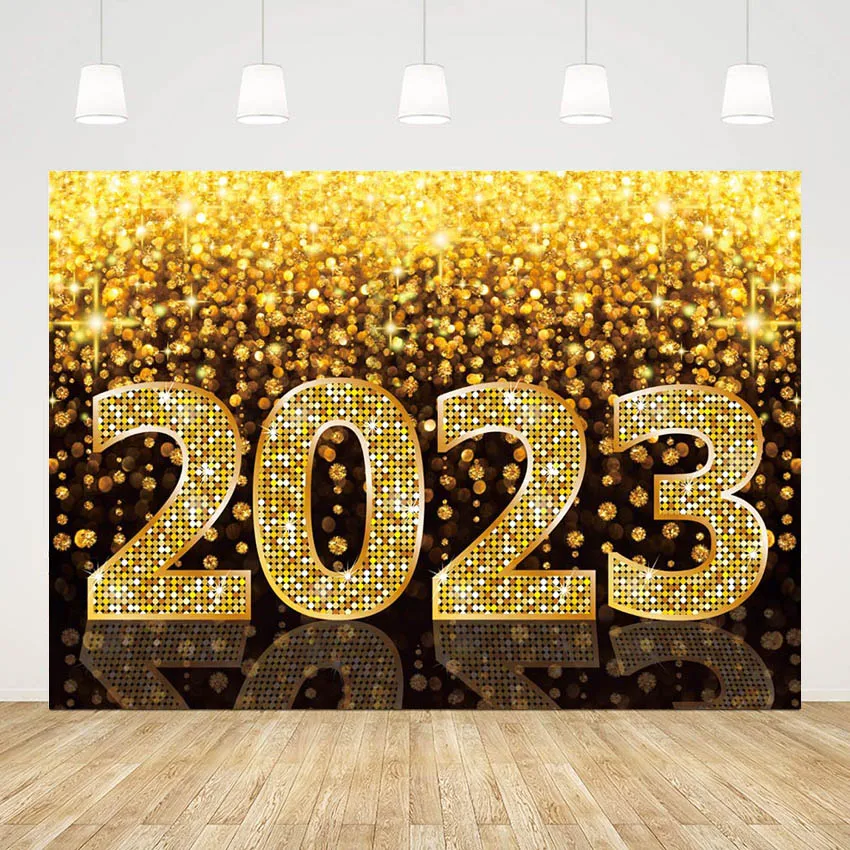 

Mehofond Black Gold Glitter 2023 Year Theme Photography Backdrop Welcome New Year Portrait Family Party Background Photo Studio