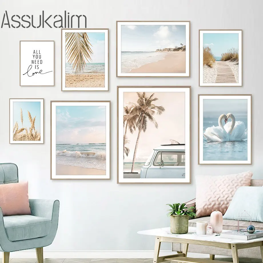 

Постер на холсте с изображением пальмовых листьев, Пляжная картина, постер с изображением пшеницы, художественные принты, доска для серфинга, настенные картины с гусиными стенами, постеры в скандинавском стиле, домашний декор