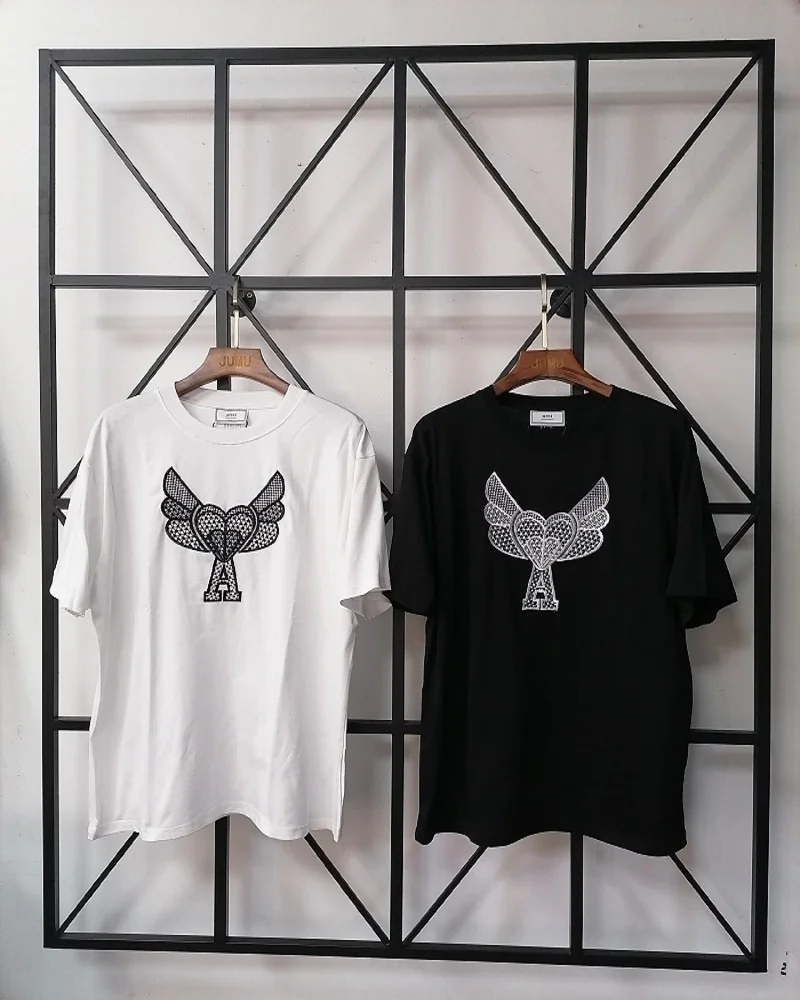 

Ami 2022 New Round Collar T-shirts Summer Men's And Women's T-shirts Fashion Casual Embroidered Tops Love Wing Letters