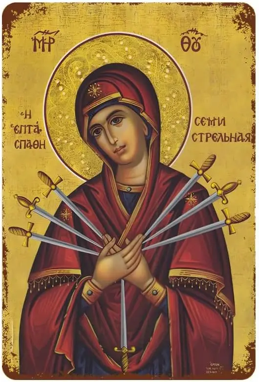 

M1,Our Lady of Sorrows, значок Девы Марии, 7 мечей, ретро металлическая жестяная вывеска, настенный декор, забавный металлический жестяной знак, плакат для бара, кафе, столовой