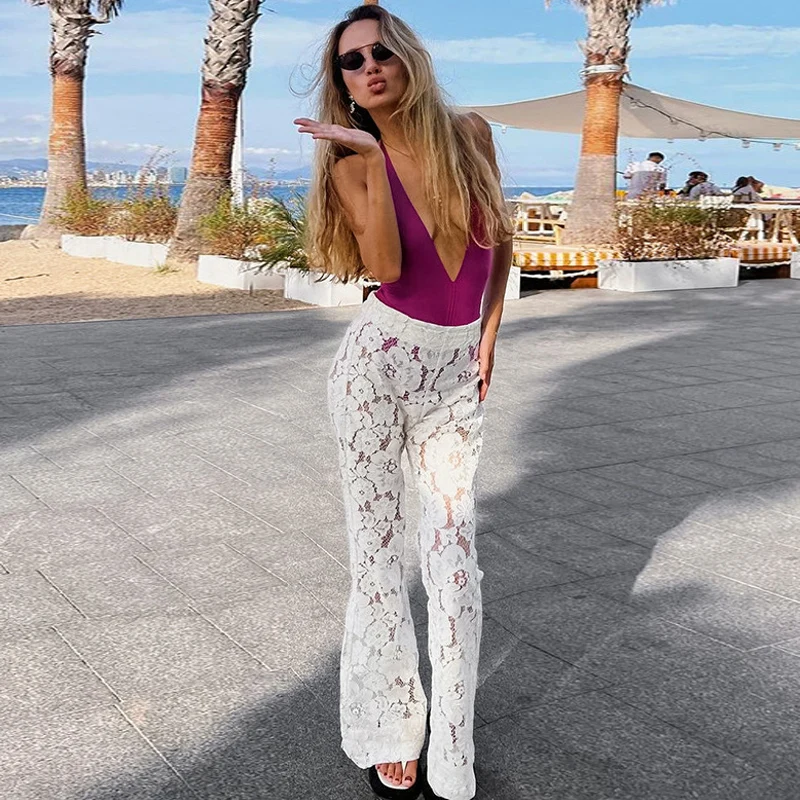 DGLUKE белые кружевные брюки для женщин сексуальные прозрачные расклешенные модные