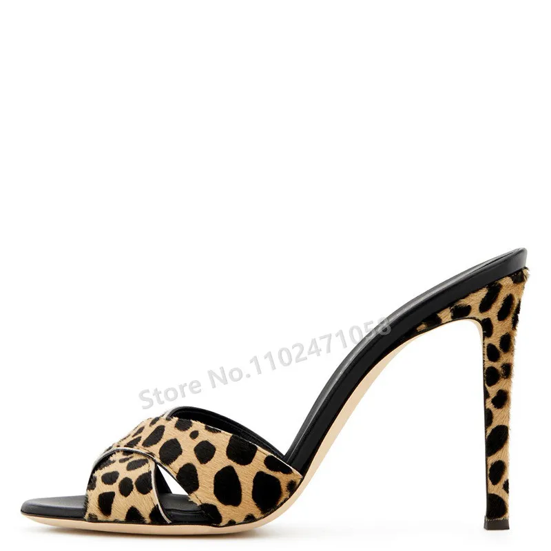 

Sexy Leopard Peep Toe Thin Heels Slippers Women Hight Heels Slip-On Slingback Shoes Fashion Catwalk Ladies Shallow Pub Sandals