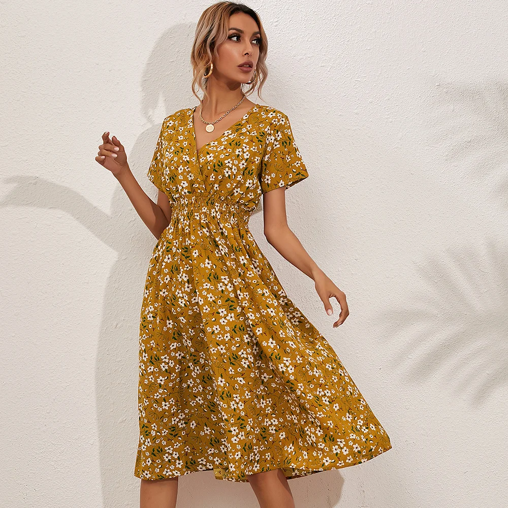 

Women's summer floral print short sleeved dress beach dress summer dress women vintage dress