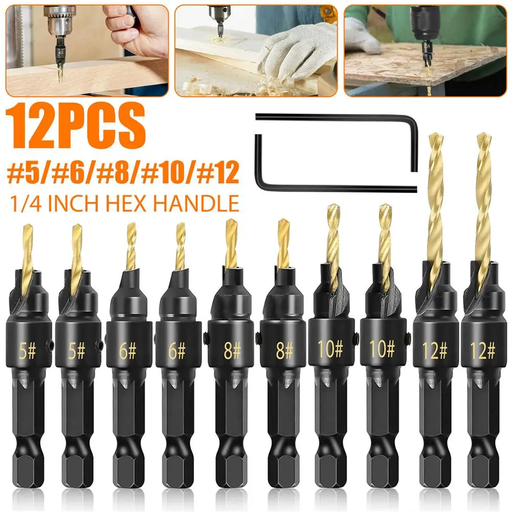 

12pcs Hss Countersink Drill Bit Excellent Cutting Ability High Precision 1/4" Hex Shank Woodworking Screw Hole Set