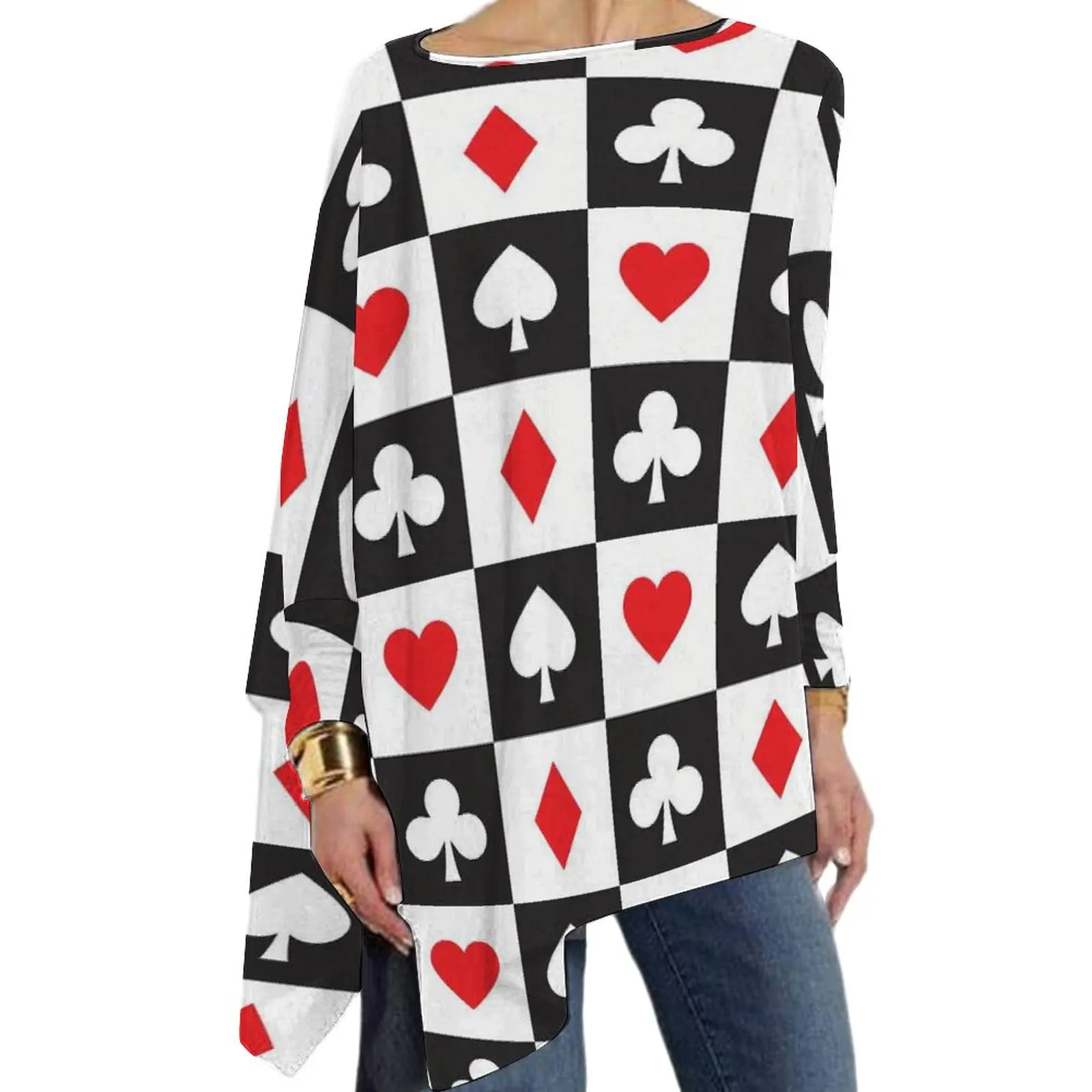 

Poker Heart T-Shirt Black And White Plaid Street Style Long Sleeve T-Shirts Print Aesthetic Tee Shirt Spring Tops Big Size 6XL