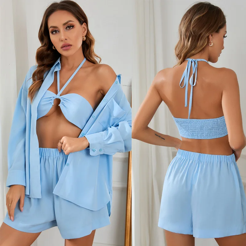

Casual Womem Sky Blue Lounge Wear Summer Beach Tracksuit Shorts Set Long Sleeve Shirt Tops And Mini Shorts Suit Three Piece Set
