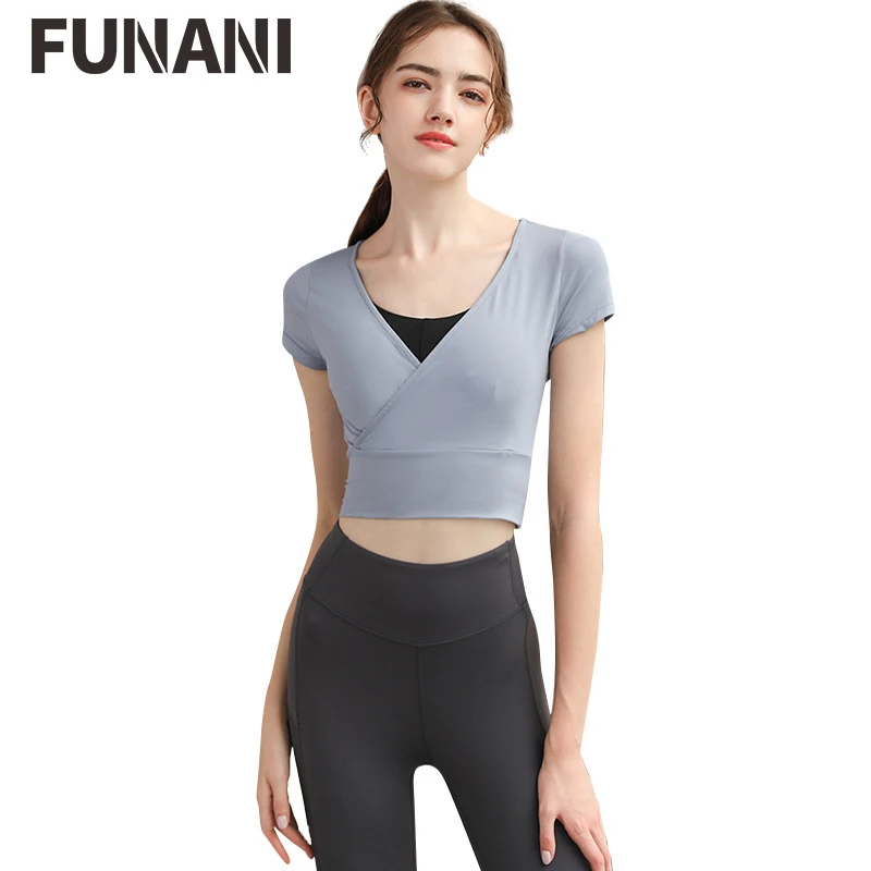 

FUNANI Sexy Solid Yoga Crop Top for Women Summer Short Sleeves Running Sport T Shirts Women Breathable Tight Gym Tops Yoga Top