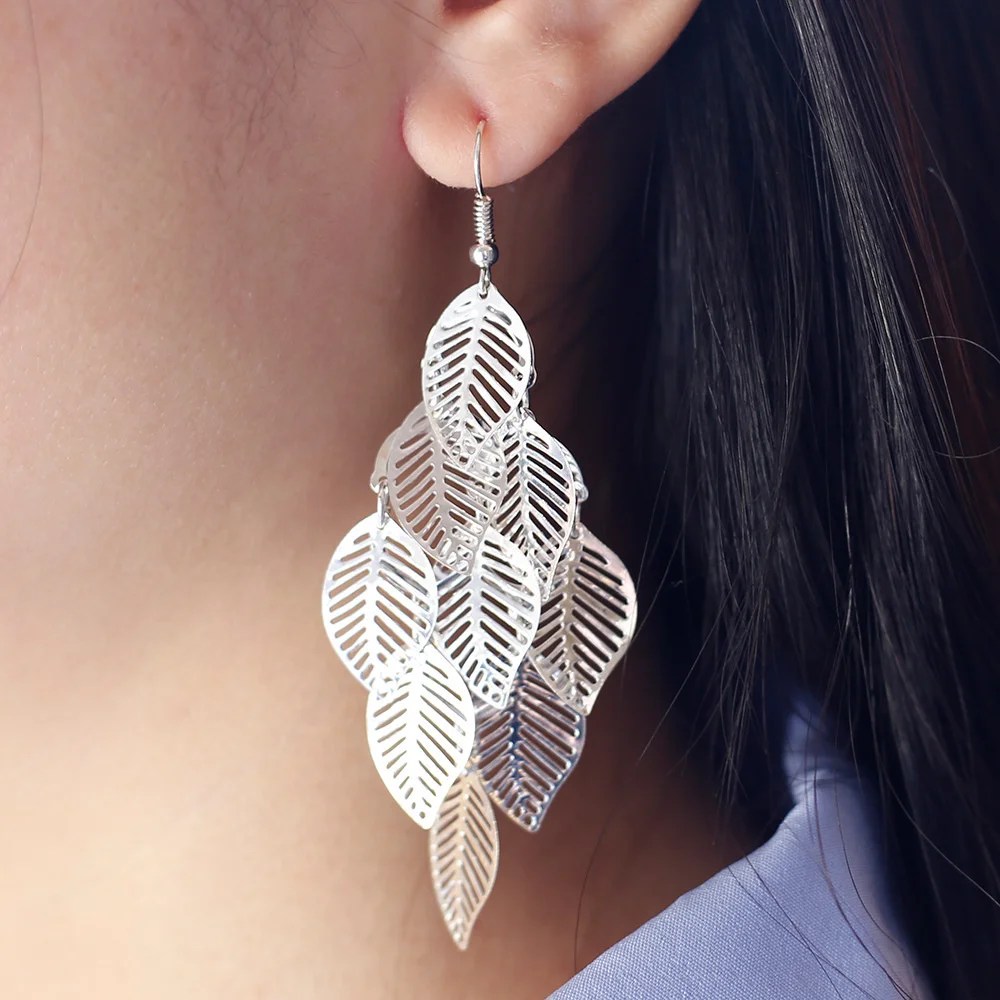 

New Hot Sale Multilayer Hollow Out Leaf Tassel Earrings Long Leaf Drop Earrings OL Simple Silver Plated Metal Hoop Earrings