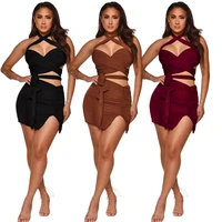 gl6380 womens sexy two piece summer fashion solid color lace up pleated slit skirt suit