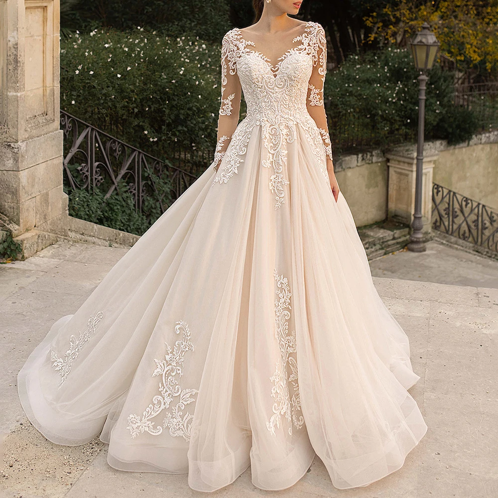 

Women's wedding dress lace embroidery High neck long sleeve plus size bridal Muslim wedding gown with tran