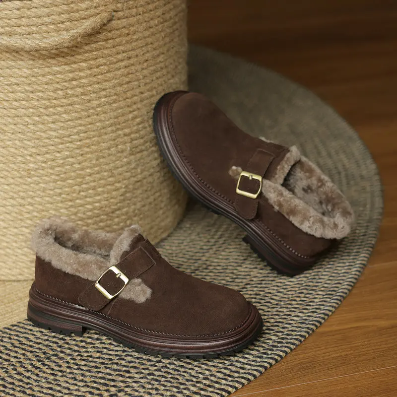 ESVEVA 2024 новые короткие сапоги из натуральной кожи и шерсти с круглым носком на