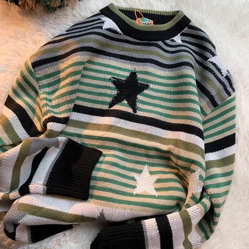 

Women Sweater Star Knit Pullover Oversized Striped Jumper Winter Long Sleeve Top Y2k Streetwear Harajuku Korean Vintage Clothing