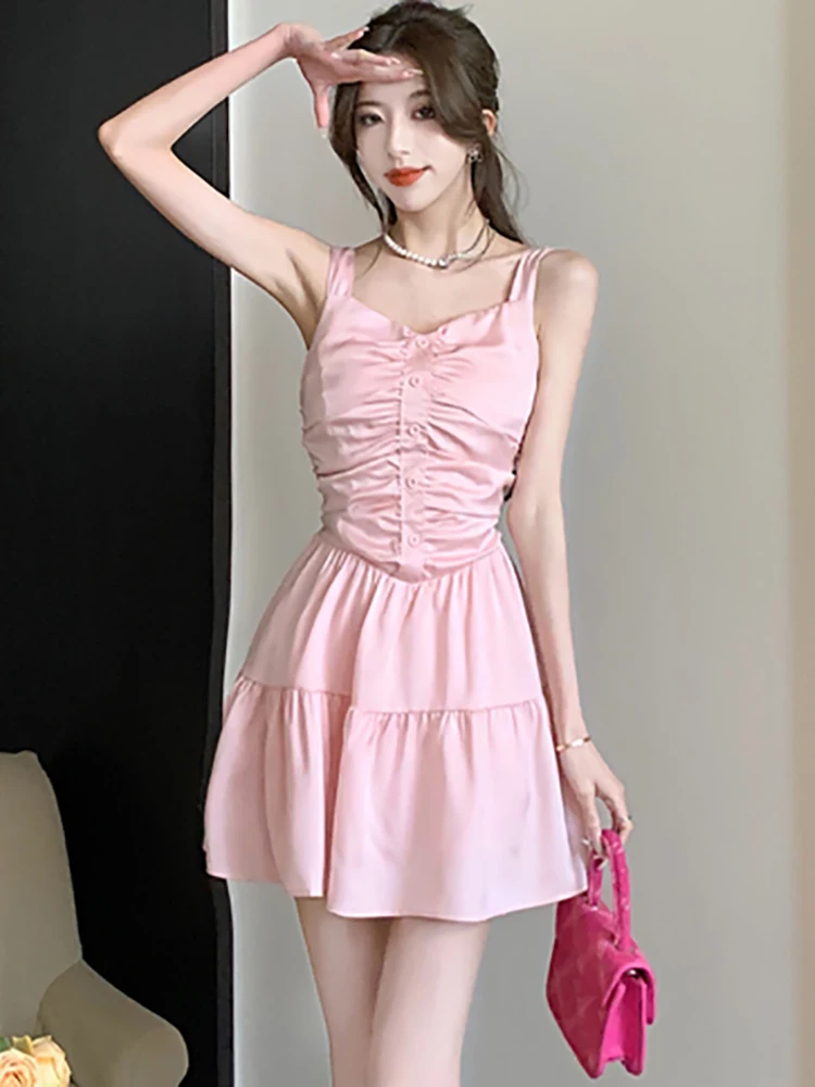 

Summer Pink Pleated Sexy Club Mini Sling Dress Summer Black Elegant High Waist A-Line Dress 2023 Korean Vintage Bodycon Dresses
