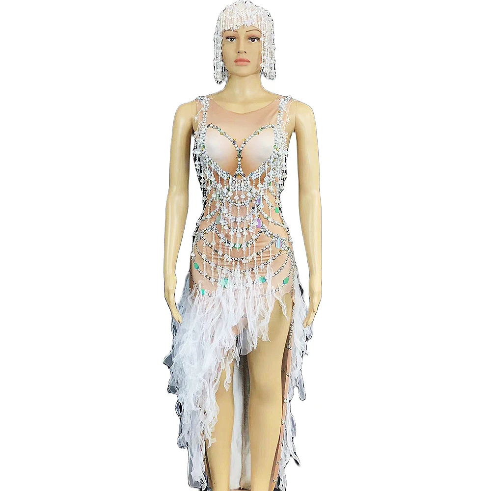 

Sequins Rhinestones Decoration Asymmetrical Gauze Dress Embellished Beaded Headwear Sleeveless Party Evening Costume Stage Wear