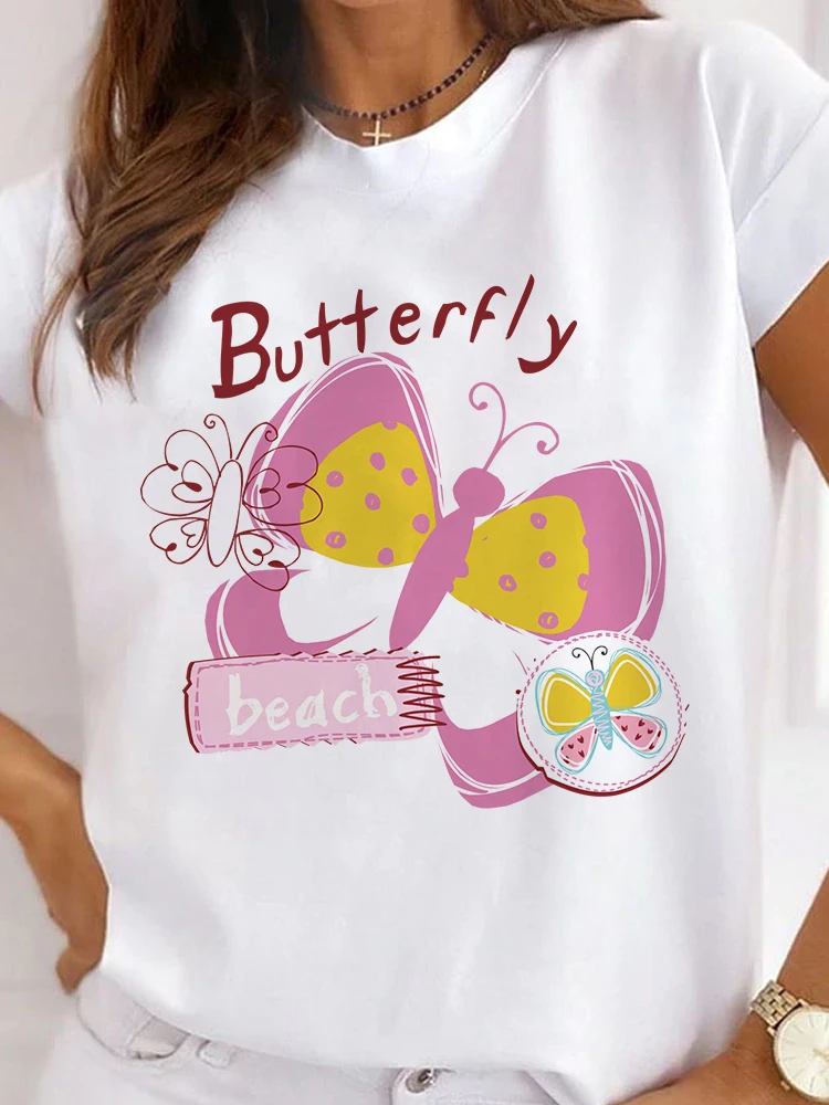 Beach Butterfly Print T-shirt Women T-shirts For Woman 2022 Short Sleeves Tshirt O-neck Cartoon Young Girls Style Tops Lady Tees