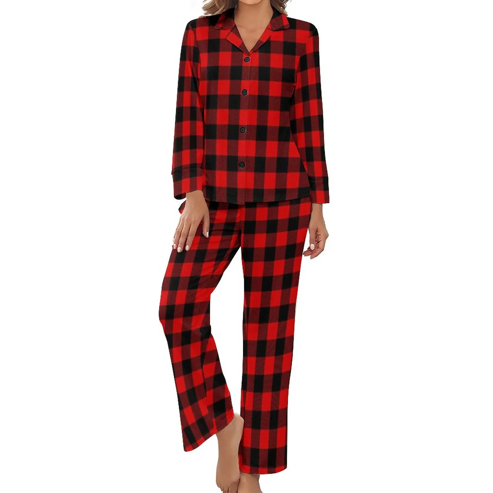

Classic Red Plaid Pajamas Female Modern Personalized Buffalo Soft Home Suit Daily Long-Sleeve 2 Pieces Casual V Neck Pajama Sets