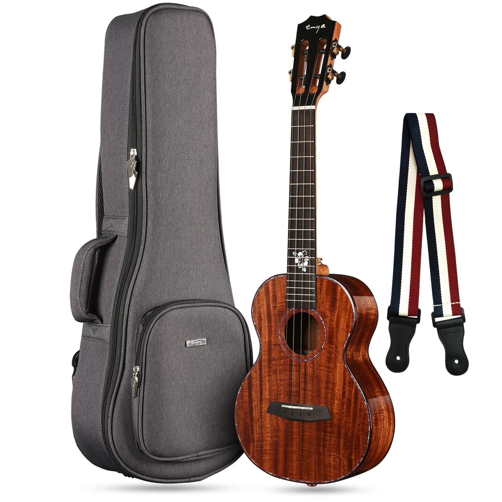 Enya Concert Tenor Ukulele All Solid Acacia Gloss Hawaii Mini Guitar for Professional Player with Pickup, Premium Gig Bag, Strap