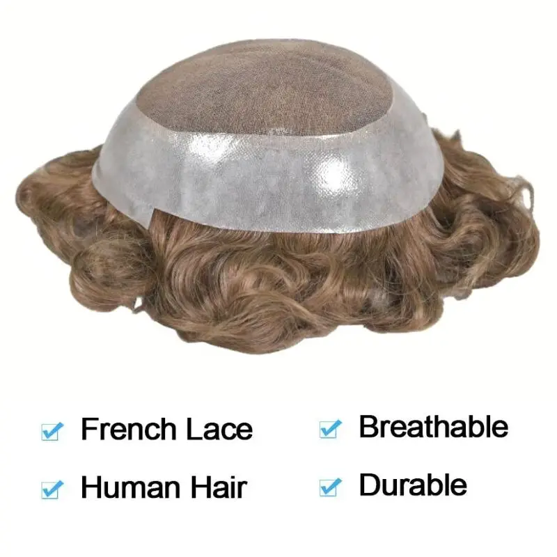 Pwigs Men's Toupee Durable PU Skin Base with Soft Swiss Lace Hairpiece 100% Human Hair for Men 7# Light Brown System