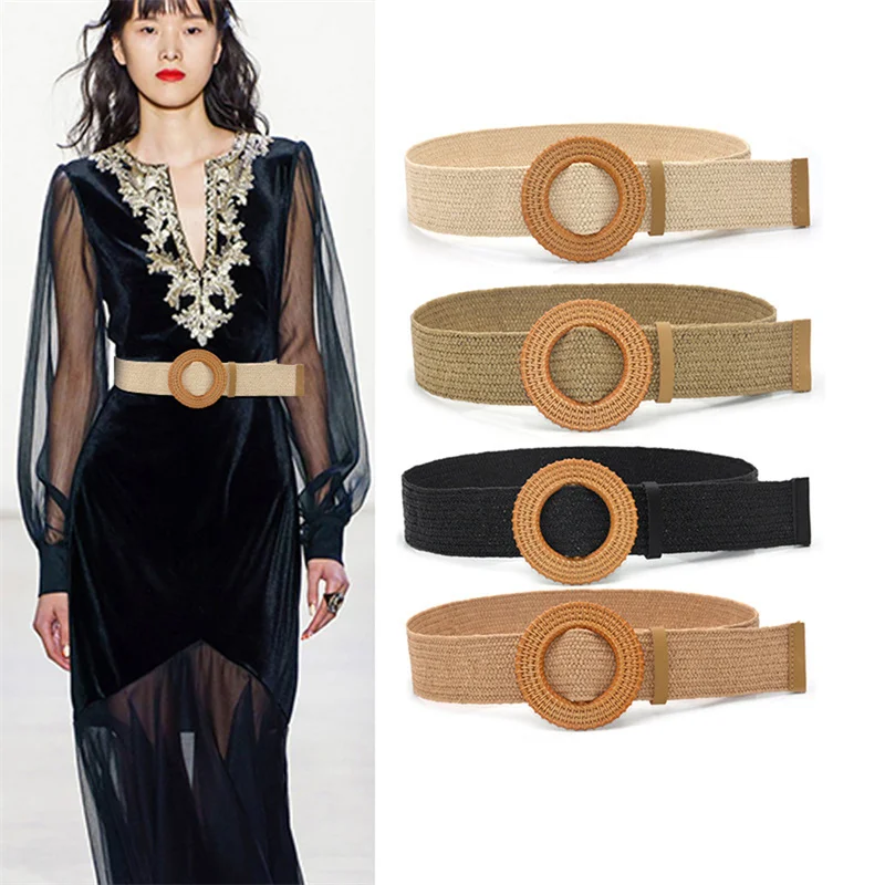 

Vintage Bohemia Round Buckle Elastic Braided Belts Women Summer Wild Linen Weave Wide Belt Straw Waistband Wholesale Hot Sale
