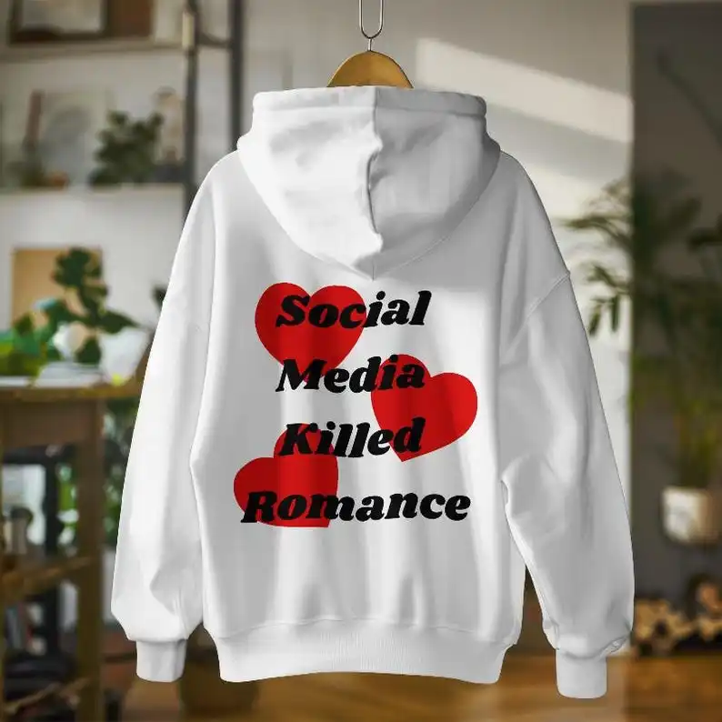 Фото Уютная толстовка с капюшоном The Social Media Killed Romance, удобные толстовки для мужчин и женщин, толстовки в стиле Харадзюку, уличная одежда с длинными рукавами №2