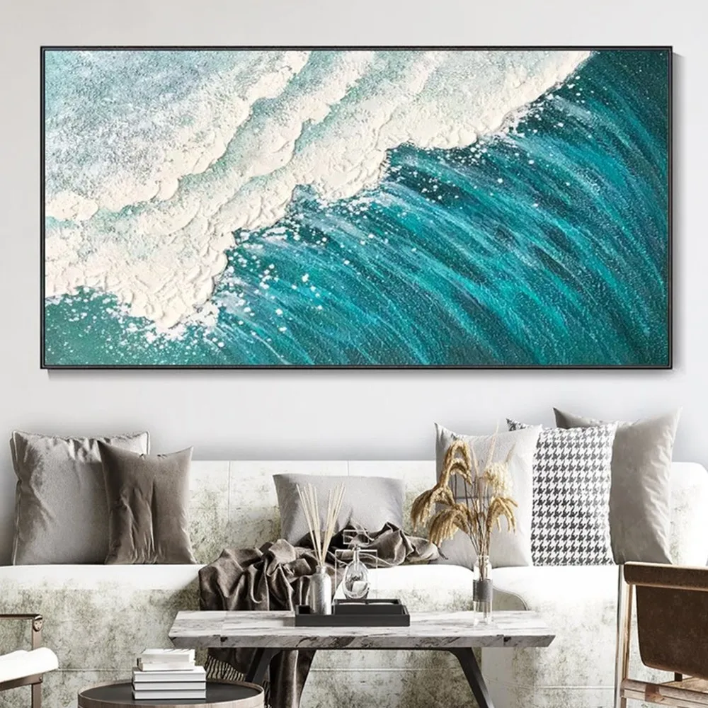 

Большой морской пейзаж Ручная картина маслом белые волны синий океан оригинальная Высокая Кутюрье Религиозное искусство абстрактная ручн...