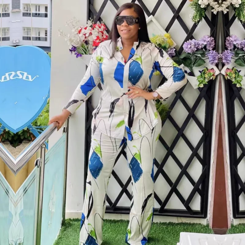 

2 Piece Women Set Dashiki African Long Sleeve Blouse Top Pants Suits Outfits Office Lady Matching Sets Outfit Africa Clothing
