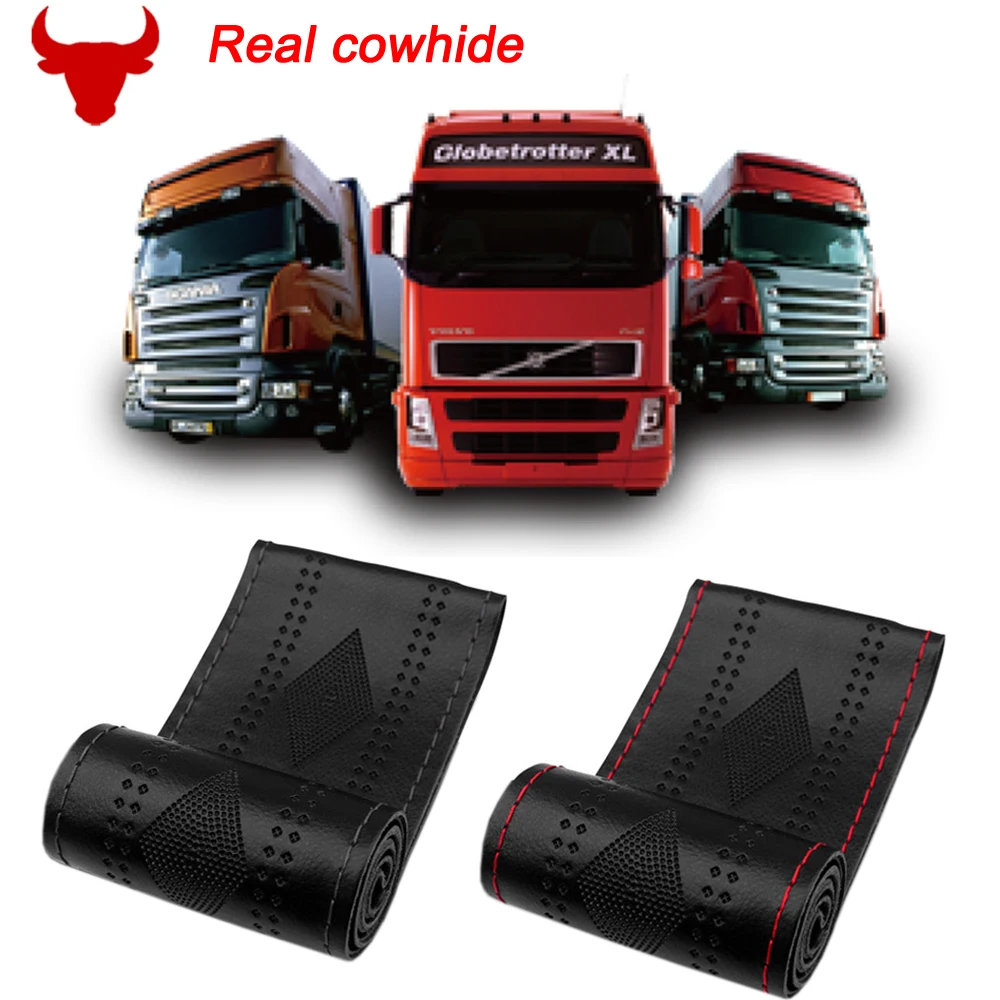

Genuine Leather Braid Car Steering Wheel Cover With Needles Thread Auto Cowhide Steering Wheel Cover 42/45/ 47/50cm for RV Truck
