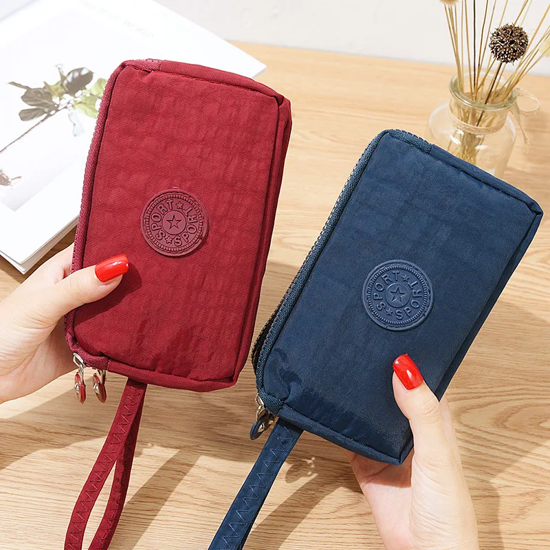 

Women's Solid Color Canvas Coin Bags Purse Long Hand Clutch Fashion Three-layer Zipper Large Capacity Mobile Phone Key Handbags