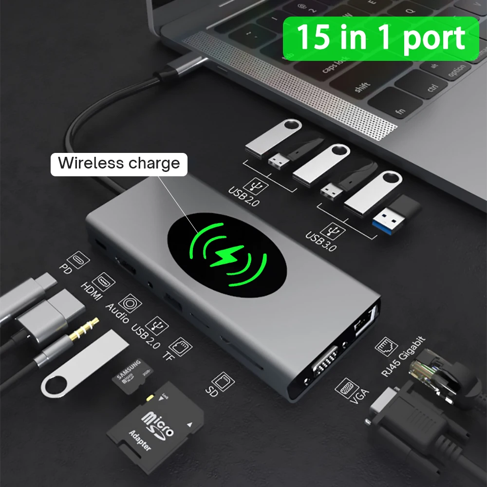 

USB C HUB Type-C to RJ45 Gigabit 4K HDMI-Compatible VGA USB 3.0 87W PD Charge with 10W Wireles Charge 15 in 1 Docking Station