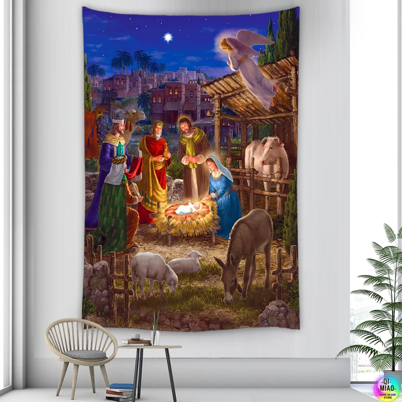 

Christmas Tapestry Nativity Scene Wall Hanging Jesus Angel Easter Wall Decor Christ Tapestries Birth Manger Krippen Decoration