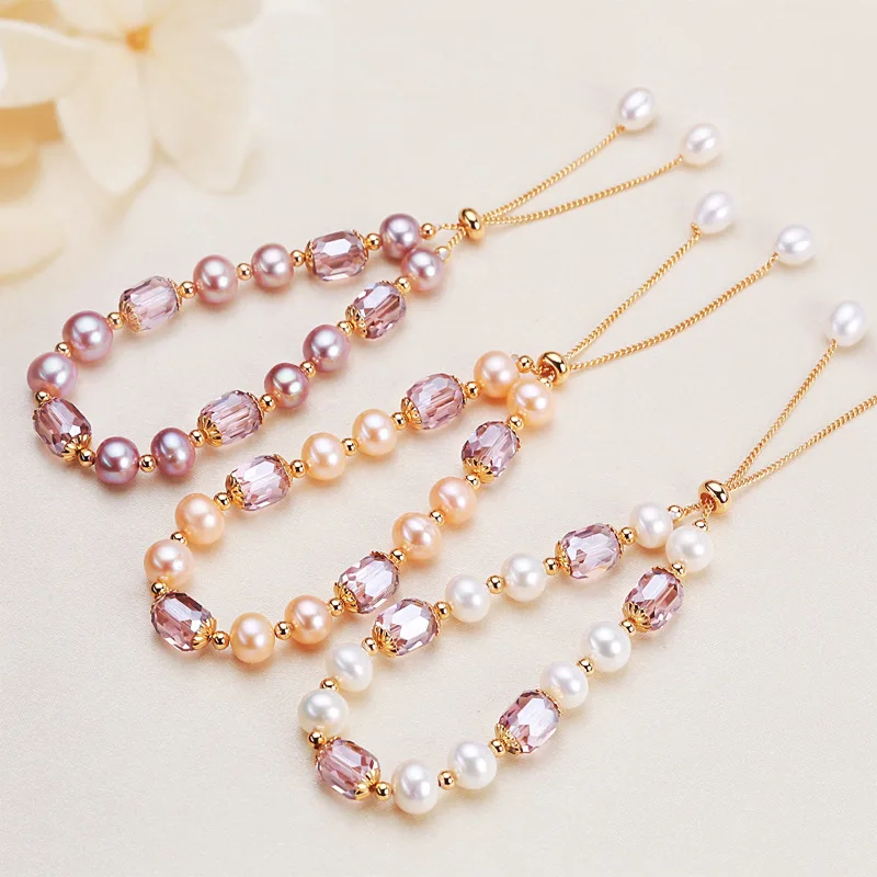 

Minar Sweet Baroque Freshwater Pearl Beaded Strand Bracelets for Women 14K Gold Plated Copper Purple Crystal Elastic Bracelet