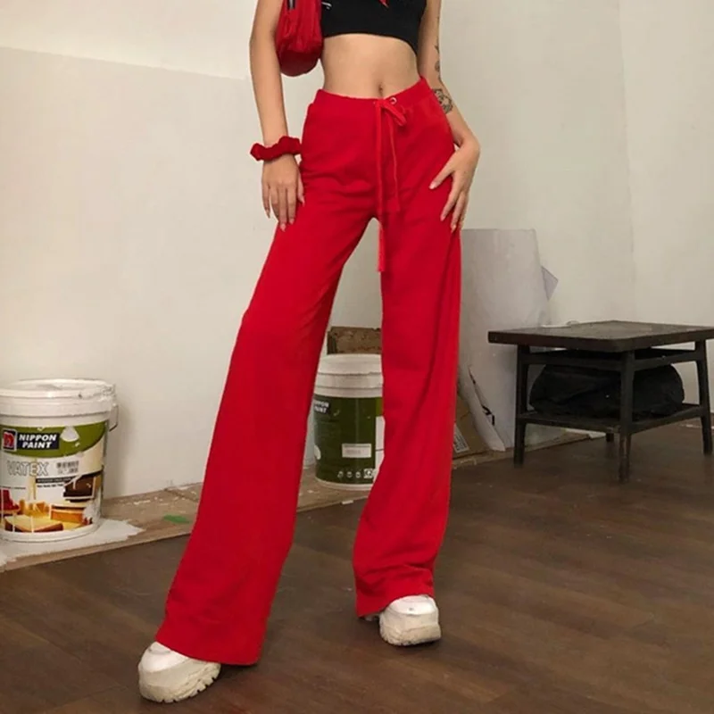 

High Street Casual Solid Wide Leg Pants Women 2021 New Autumn Fashion Red Harajuku Loose Bottoms Slim Soft Pants Femme Mujer Y2k