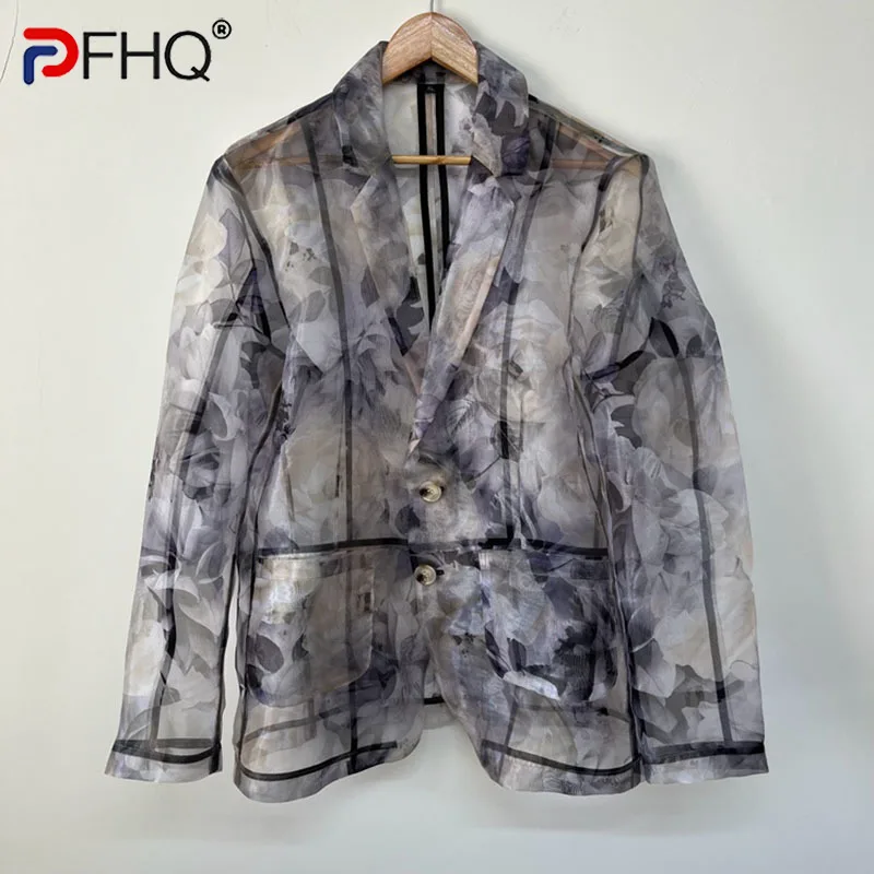 

PFHQ Organza Perspective Printing Causal Blazers For Men Loose Long Sleeve Single Breasted Men's Coat 2023 Summer New 21F3459