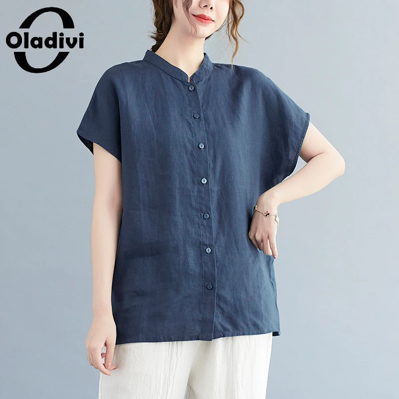 

Oladivi Oversized Clothing Casual Loose Cotton Linen Blouses 2022 Summer New Women Short Sleeve Solid Shirts Female Blusas 88892